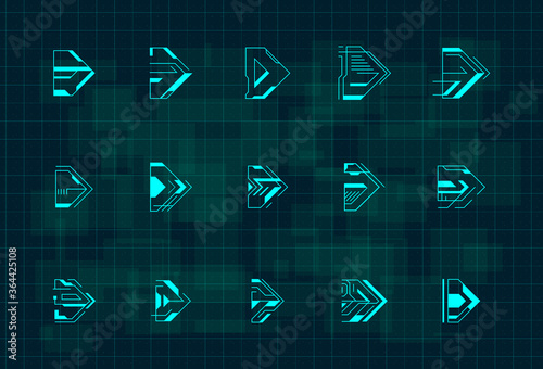 Set of futuristic HUD blue arrows. Cyberpunk arrows design for flyer, banner, cover, card, web and for game UI design. Digital hi-tech style pointers. Vector