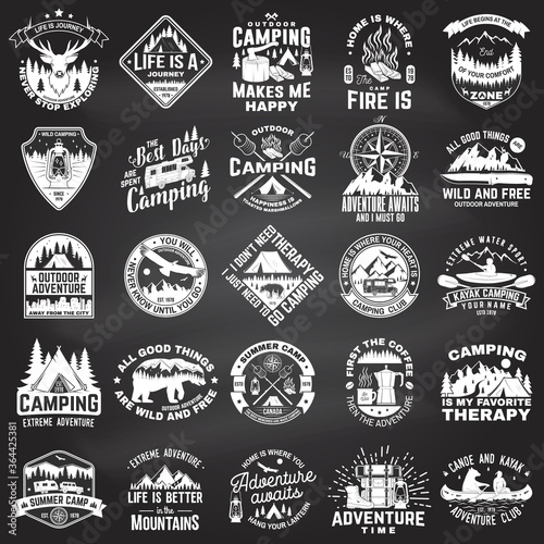 Set of outdoor adventure inspirational quote. Vector. Concept for shirt, logo, print, stamp or tee. Vintage typography design with camper tent, mountain, forest landscape silhouette.