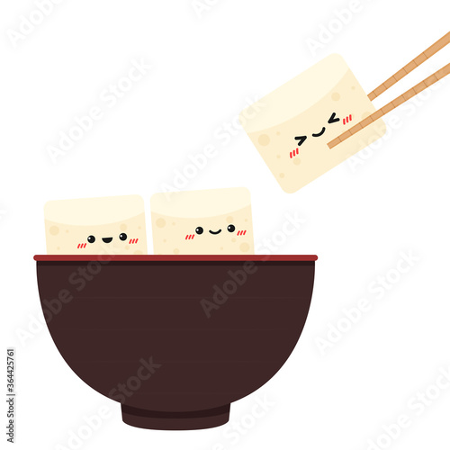 Tofu and chopsticks vector. free space for text.Tofu in bowl. Tofu character design.