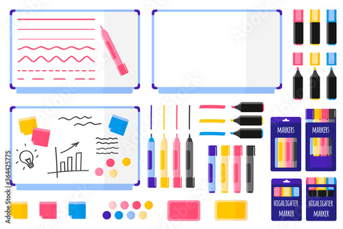 Set of vector cartoon illustrations with magnetic board, colored markers, sponge, stickers, magnets on white background