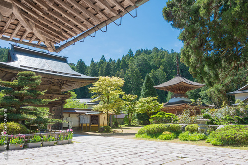 Kongo Sanmai-in Temple in Koya, Wakayama, Japan. Mount Koya is UNESCO World Heritage Site- Sacred Sites and Pilgrimage Routes in the Kii Mountain Range. photo