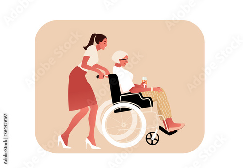 Disabled or temporary disabled stylish sick senior woman sitting in wheelchair. Granddaughter helps. Female character. Side view vector illustration in flat cartoon style.