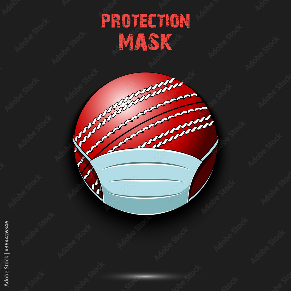 Fototapeta premium Cricket ball with a protection mask. Caution! wear protection mask. Risk disease. Cancellation of sports tournaments. Pattern design. Vector illustration