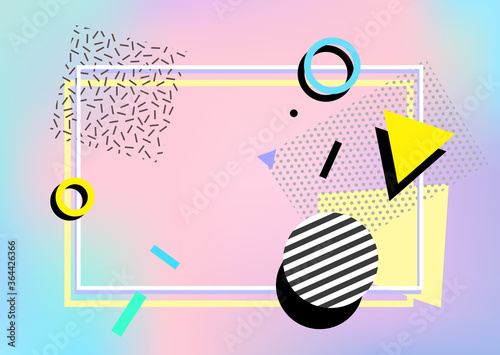 Memphis pattern. Geometrical shapes set. Retro, vintage 80s, 90s style. Vector artwork. Blue, black, pink, yellow, beige, blue, purple, white colors. Banner, print, wallpaper, web template, poster