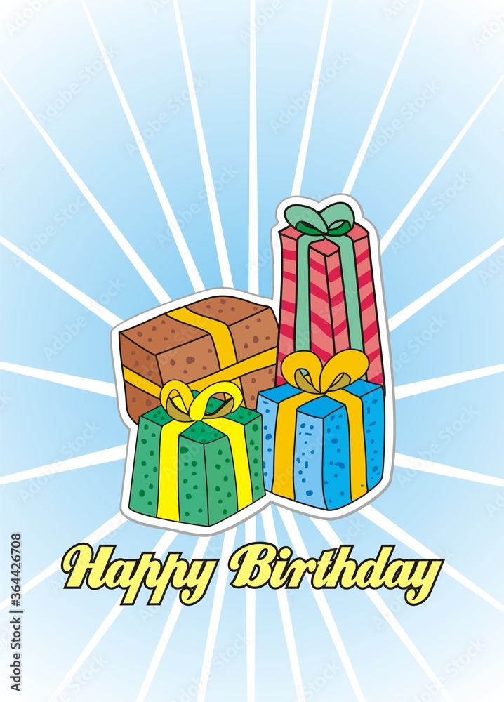 Naklejka premium vector illustration of Banner with birthday cake and heap gift box