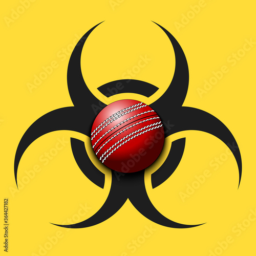 Biohazard symbol with cricket ball. Caution biological danger toxic sign. Cricket quarantined. Cancellation of sports tournaments. Vector illustration