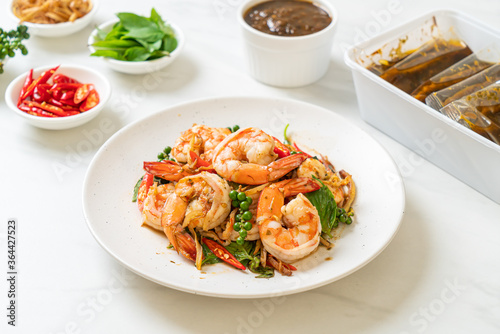 stir fried holy basil with shrimps and herb