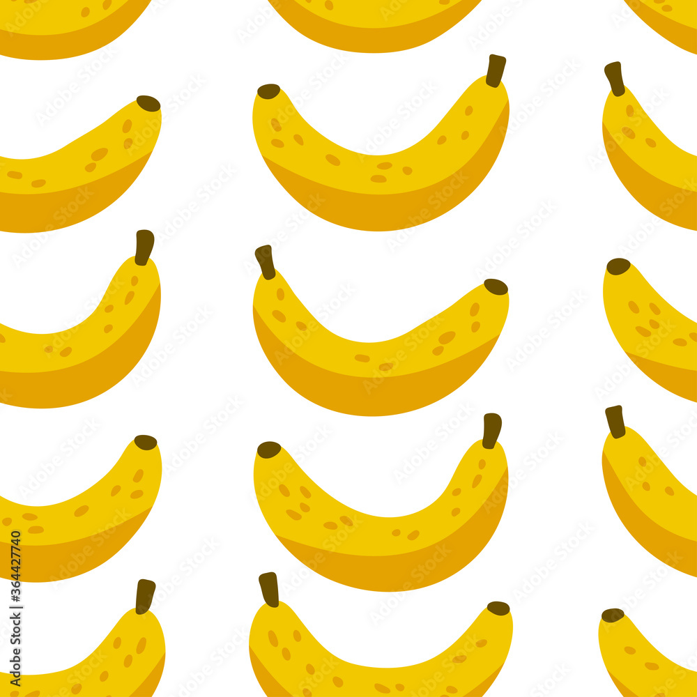 Seamless pattern with yellow bananas. Repeating endless elements. Juicy and tasty fruits for a summer print. Background for textiles, packaging, postcards, etc. Bright colorful illustration.