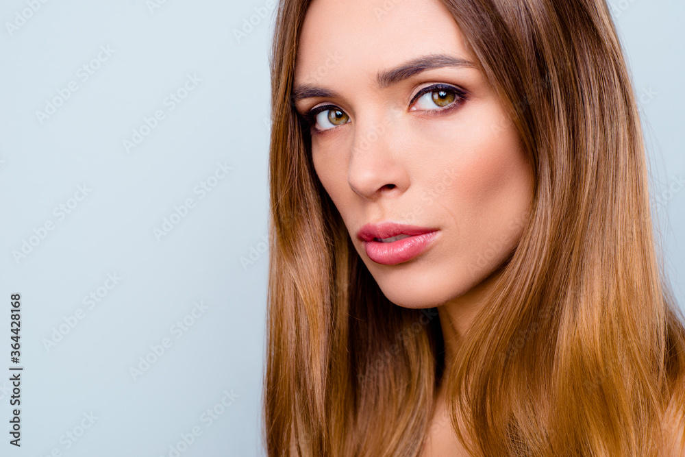 Cropped close-up portrait of nice lovely sweet winsome attractive straight-haired lady with perfect smooth silky flawless pure shine clean clear skin isolated over light gray background Cropped close-up portrait of nice lovely sweet winsome attractive straight-haired lady with perfect smooth silky flawless pure shine clean clear skin isolated over light gray background