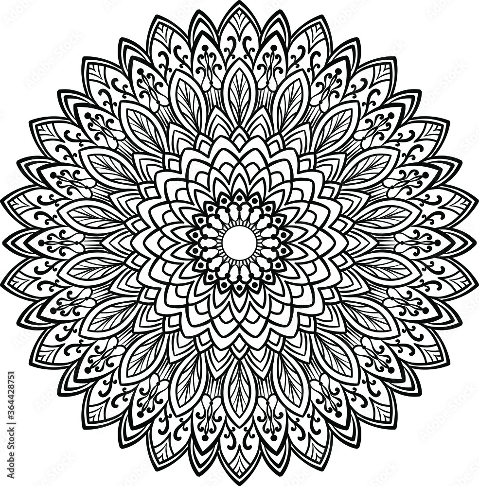 Mandala hand drawn round floral ornament pattern. Anti-stress coloring page for kids and adults. Yoga, tatoo, mehndi, lace design. Vector illustration.