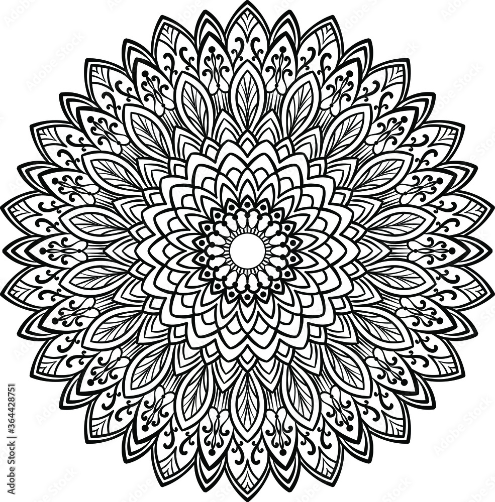 Mandala hand drawn round floral ornament pattern. Anti-stress coloring page for kids and adults. Yoga, tatoo, mehndi, lace design. Vector illustration. Mandala hand drawn round floral ornament pattern. Anti-stress coloring page for kids and adults. Yoga, tatoo, mehndi, lace design. Vector illustration.