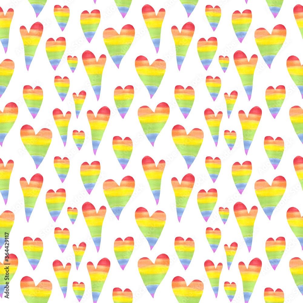 LGBT hearts pattern. Rainbow hearts seamless pattern isolated on white background. Watercolor hand drawn hearts.