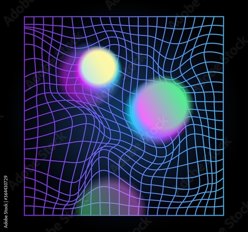 Distorted neon grid pattern and glowing spheres. Abstract background. Retro wave, synthwave, rave, vapor. Blue, black, pink purple colors. Trendy retro 80s, 90s style. Print, poster, banner.