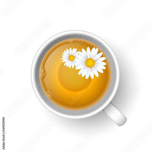 Realistic 3d cup of hot aromatic healthy herbal chamomile tea. A teacup top view with flowers of chamomile isolated on white background. Vector illustration for web, design, menu, app