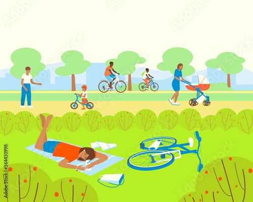 People are resting in the park. African American family rides bicycles. Mom walks with a stroller. Dad teaches kid to ride a balance bike. The girl is resting, listening to music. Flat vector. © Natali S