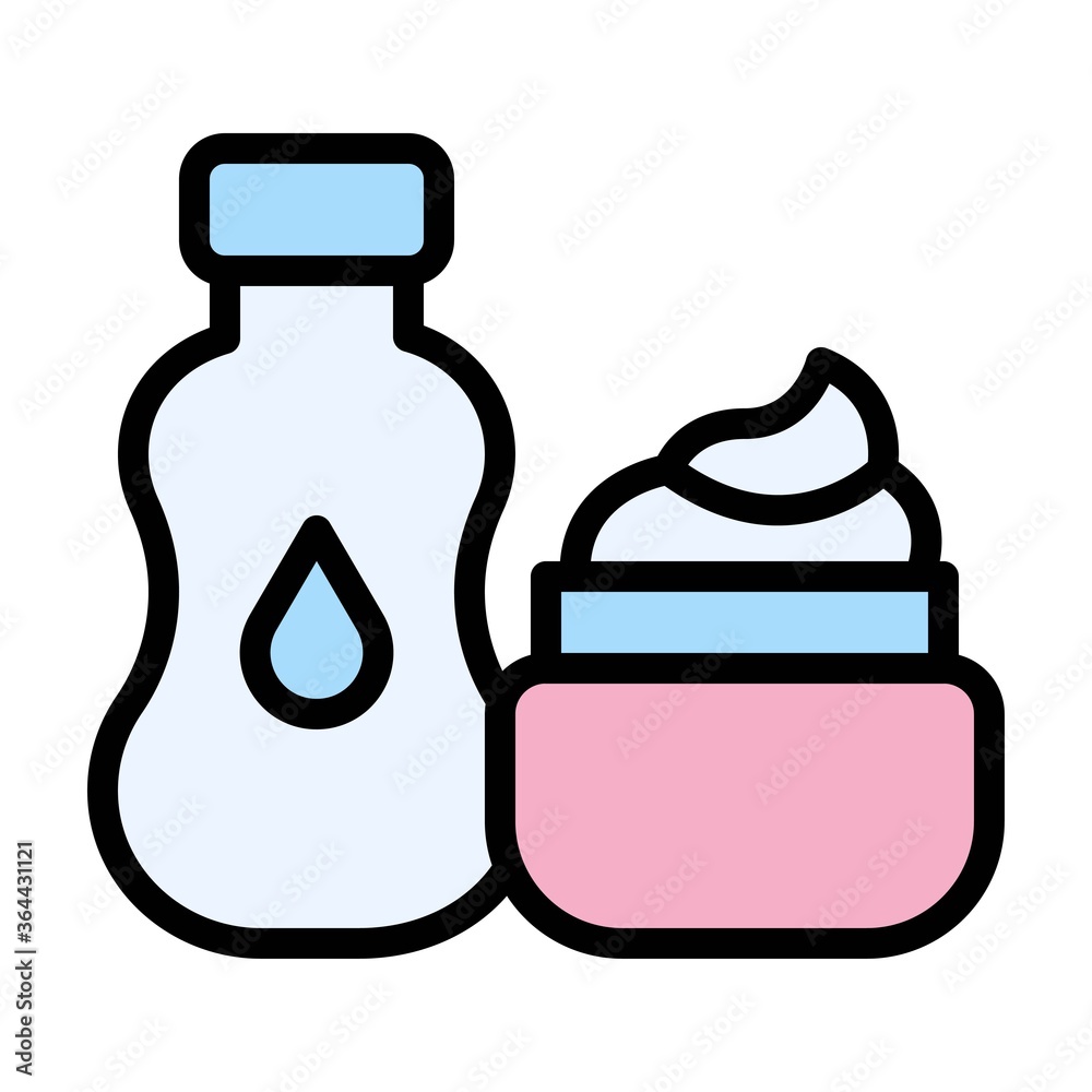 Fototapeta premium baby shower related baby oil bottle with oil drop and face cream box vector with editable stroke,