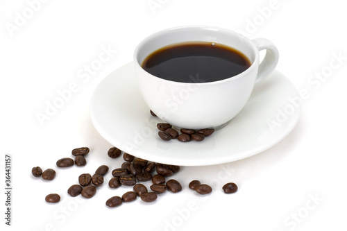 cup of coffee with beans isolated on white
