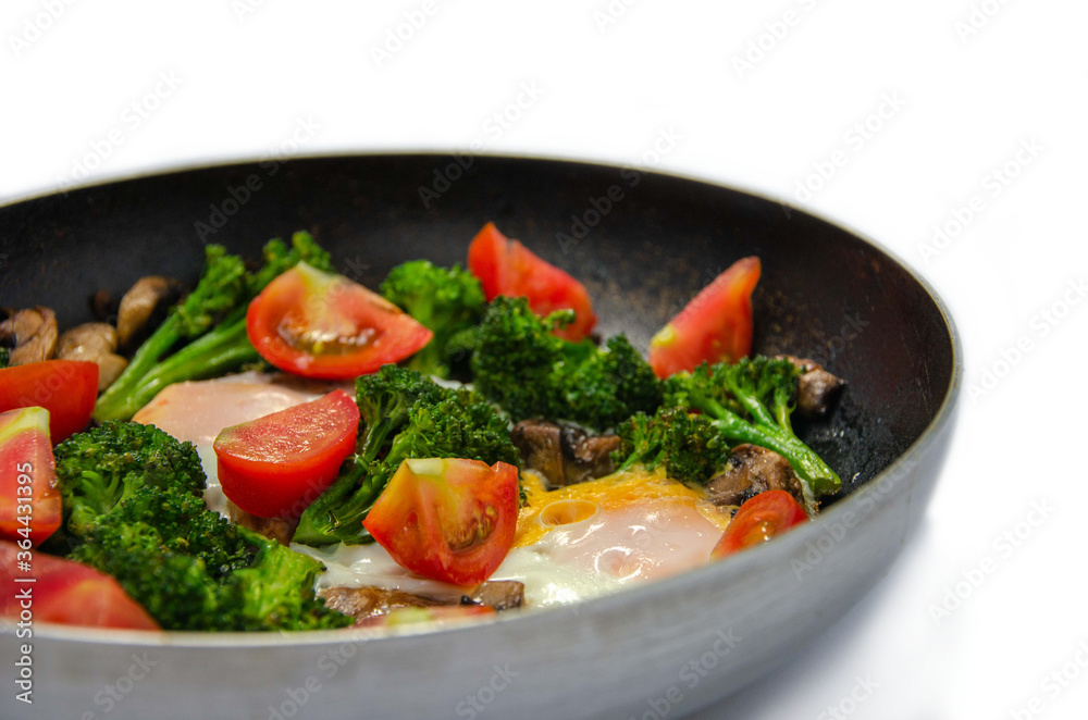 Dish of broccoli mushrooms tomatoes and eggs in a pan Dish of broccoli mushrooms tomatoes and eggs in a pan
