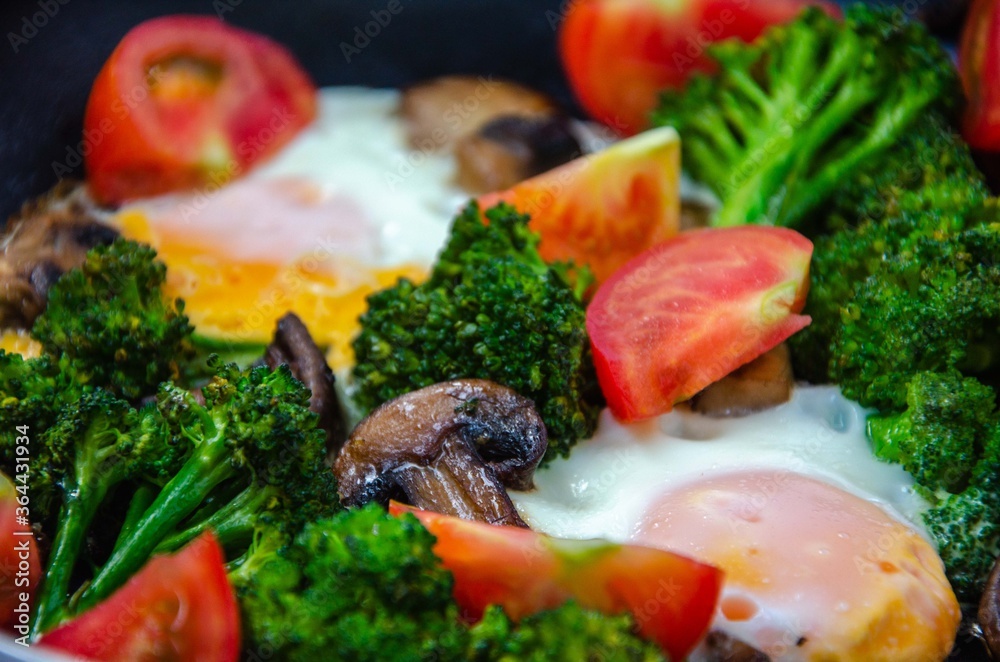Delicious dish with mushrooms, tomatoes and egg
Delicious dish with mushrooms, tomatoes and egg