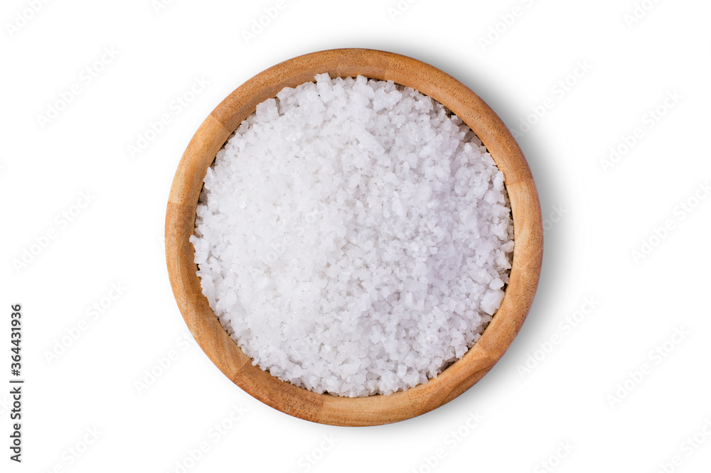 Closeup coarse or rock natural sea salt in brown bowl isolated on white background. Clipping path. Top view. Closeup coarse or rock natural sea salt in brown bowl isolated on white background. Clipping path. Top view.