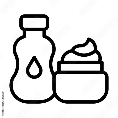 baby shower related baby oil bottle with oil drop and face cream box vector in lineal style,