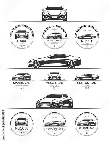 Set of modern sports car logo, emblems, badges isolated on white background. Vector illustration.