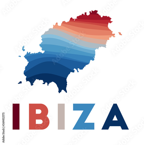 Ibiza map. Map of the island with beautiful geometric waves in red blue colors. Vivid Ibiza shape. Vector illustration.