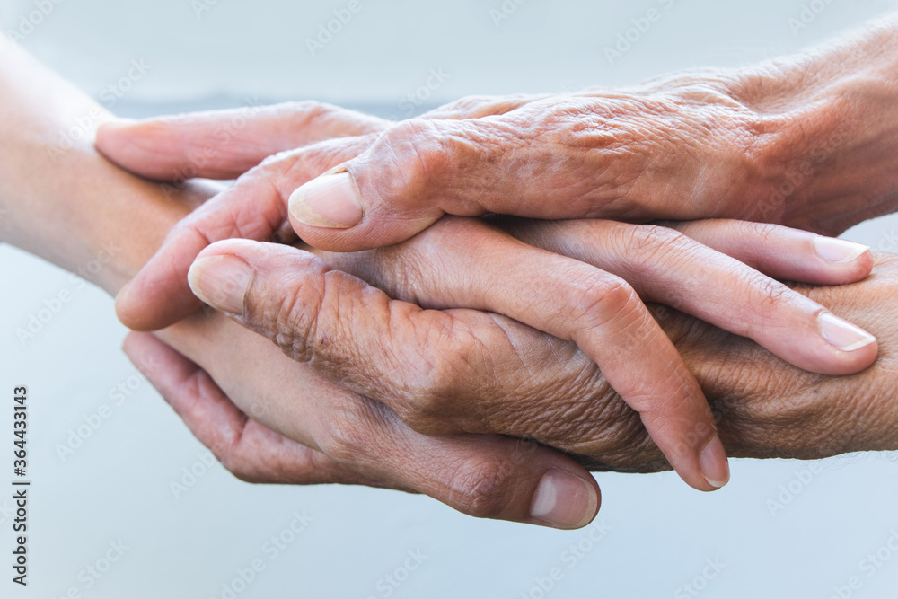 Fototapeta premium Hands of young adults and older women on a light background