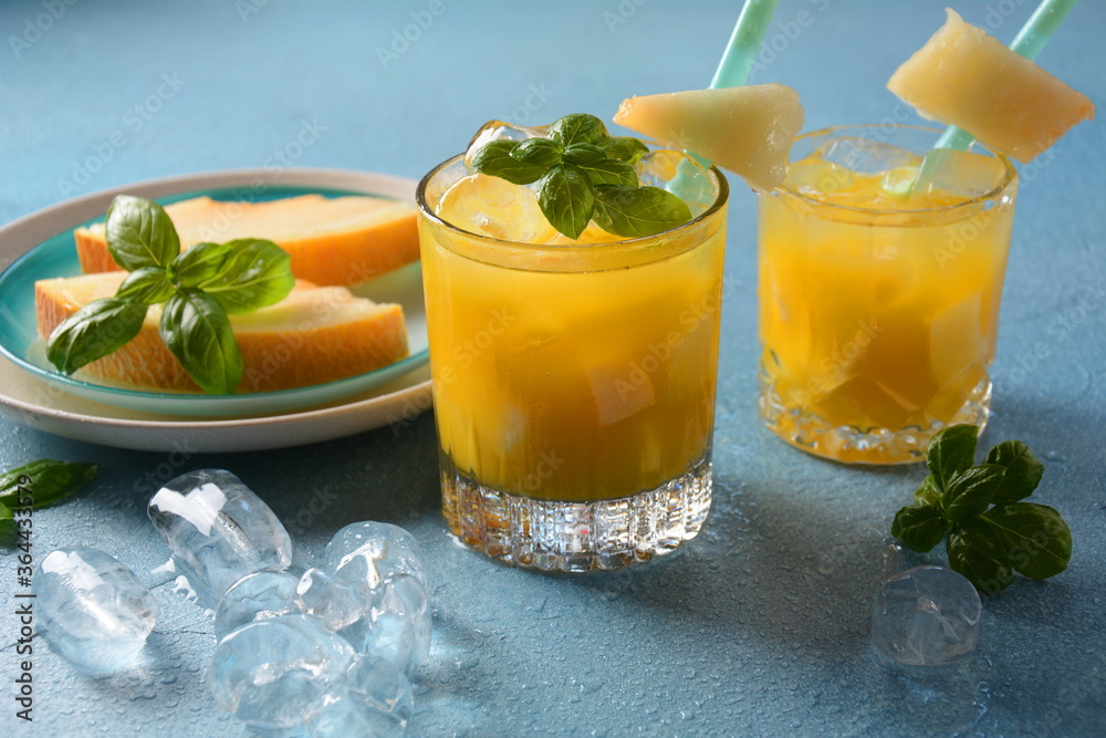 Refreshing drinks and citrus juices with ice cubes, mint and watermelon. Summer concept Refreshing drinks and citrus juices with ice cubes, mint and watermelon. Summer concept