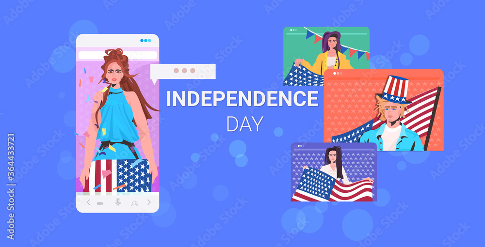people holding usa flags 4th of july american independence day celebration chat bubble online communication concept horizontal portrait vector illustration