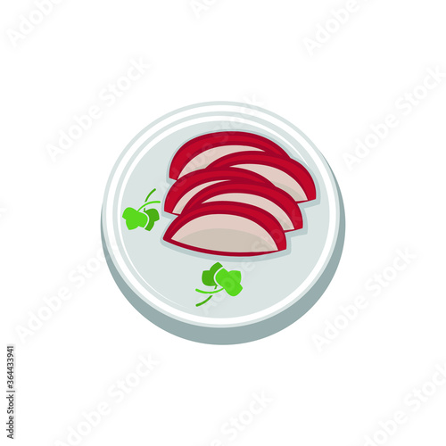 Pork Loin sliced on red plate,pork meat for Japanese grill, korean grill, thai pan bbq grill. Drawing illustration vector.