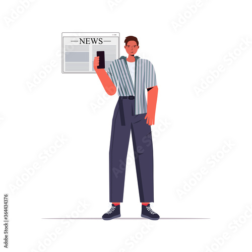 man reading news on smatphone screen daily news press mass media concept full length vector illustration