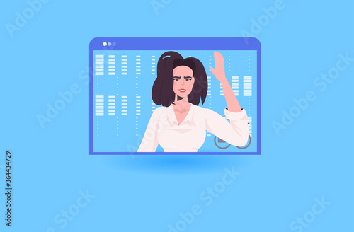 businesswoman having online briefing or virtual conference during video call remote work quarantine isolation concept business woman in web browser window portrait vector illustration