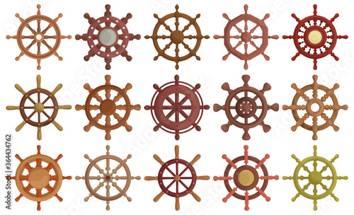 Ship wheel cartoon vector set illustration of icon.Cartoon vector collection icon helm of sh[p. Isolated illustration of set wheel boat on white background.