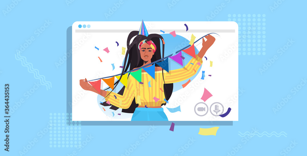 african american woman celebrating online party girl in web browser window holding colorful festive flags celebration concept portrait horizontal vector illustration