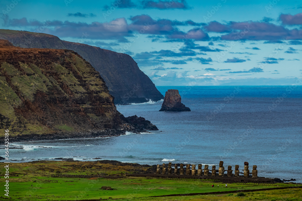 Moai platform on Easter Island from the distance. Ahu Tongariki