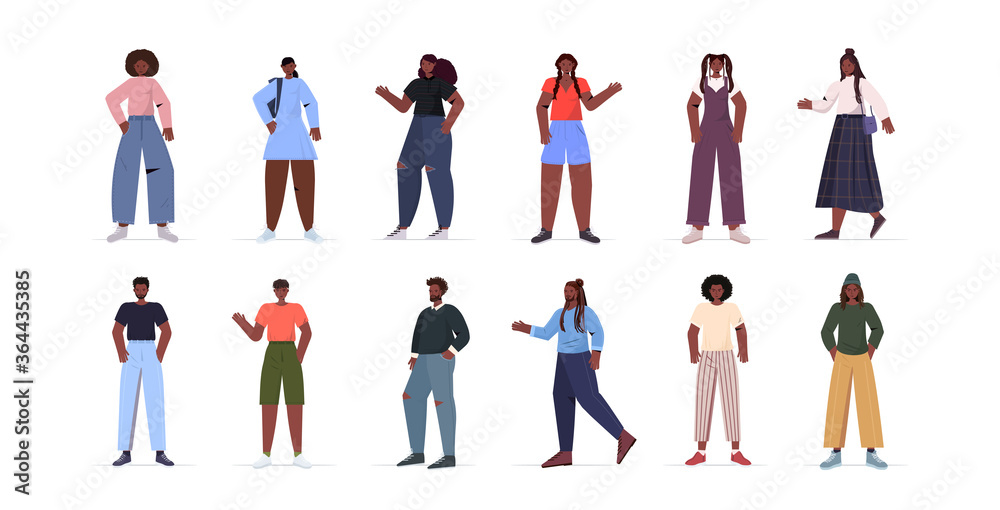 set people in casual trendy clothes african american men women standing in different poses male female cartoon characters collection full length isolated horizontal vector illustration