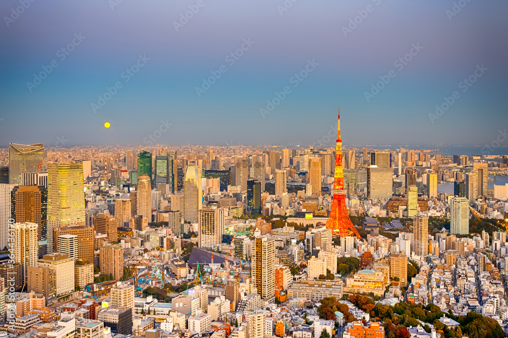 Japanese Traveling Destinations. Amazing Breathtaking Tokyo Skyline at Blue Hour in Japan with Tokyo Tower in Foreground.