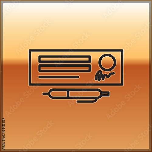 Black line Blank template of the bank check and pen icon isolated on gold background. Checkbook cheque page with empty fields to fill. Vector Illustration.