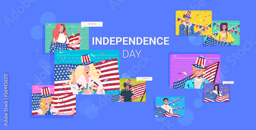 people with usa flags celebrating 4th of july american independence day celebration online communication concept web browser windows horizontal portrait vector illustration © mast3r