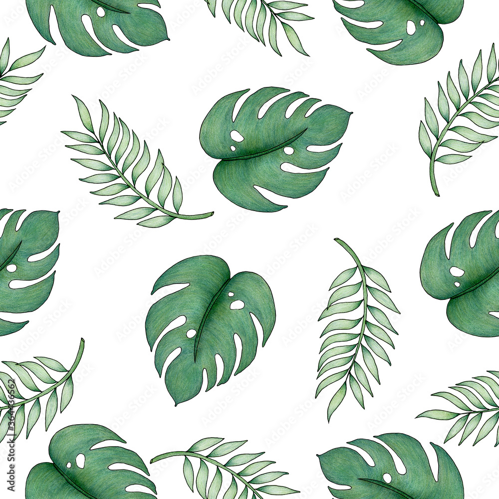 tropical seamless pattern with palm leaf and monstera leaf, hand drawn tropical illustration for backgrounds, fabric or wrapping, summer tropical background