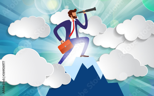 effective manager looks into telescope into distance trying to predict future. businessman standing on top of mountain among clouds in rays of sunlight. business vision concept