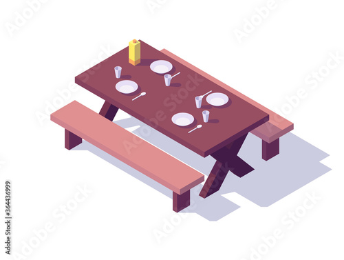 isometric picnic wooden table, bench, dishes, spoon, plastic, glass, juice, box, isolated, vector illustration