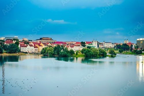 Belarus Travel Destinations. View of Troicky Suburb With Svisloch River in Minsk Before Sunset