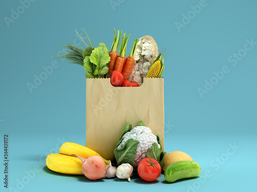 fresh food in a paper bag for products 3d render on blue gradient