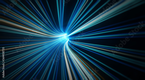 speed motion lights in curved tunnel, abstract concept for futuristic network connection technology or trasnportation velocity