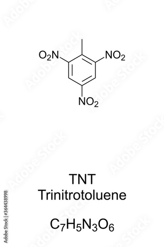 TNT, Trinitrotoluene chemical structure and formula. 2,4,6-trinitrotoluene, a chemical compound and yellow solid, known as explosive material with convenient handling properties. Illustration. Vector.