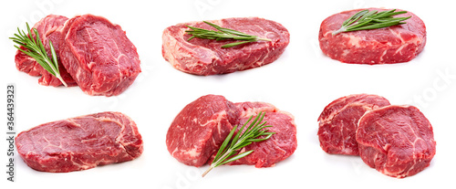 Steak meat collection. Steak beef with clipping path isolated on a white background. Fresh organic beef steak. Full depth of field
