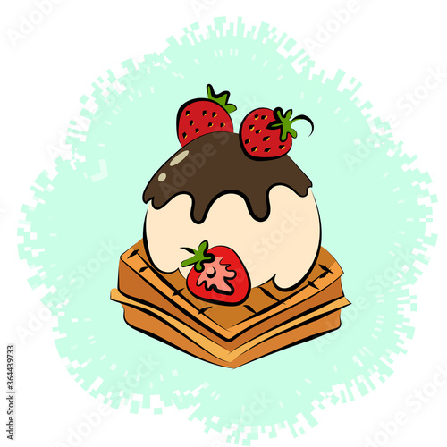 This is a retro image of ice cream in a comic style. This is a ball of vanilla ice cream, drenched in chocolate, on waffles with strawberries.