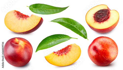 Peach collection. Peach fruits with green leaf isolated on white background. Peach with clipping path